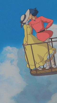 a man and woman kissing on top of a swing in the sky with clouds behind them