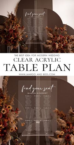 the clear acrylic table plan is displayed with flowers