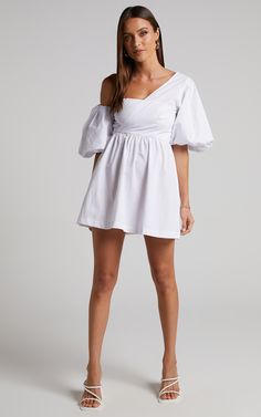 Sula Mini Dress - Asymmetric Off One Shoulder Puff Sleeve Dress in White | Showpo USA Feminine Off Shoulder Dress For Summer Night Out, Summer Off-shoulder Puff Sleeve Dress For Party, Feminine One Shoulder Mini Dress For Spring, Summer Off-shoulder Puff Sleeve Party Dress, Summer Off-shoulder Puff Sleeve Dress For Date Night, Off-shoulder Puff Sleeve Dress For Summer Parties, One Shoulder Flirty Mini Dress For Brunch, Off-shoulder Puff Sleeve Dress For Date Night, Chic Off-shoulder Puff Sleeve Dress For Date Night