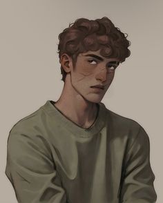 a drawing of a boy with curly hair and green shirt looking to his left side