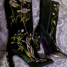 Suede Embroidered Fendi Boots Zip Up Size 9 Medium Plum Bottoms Very Unique Italian Leather And Suede No Flaws Just Use On Bottoms Made In Italy 4 In Heel 7 And 1/2 In Tall Inside Zipper Fendi Boots, 90s Baby, Fendi Shoes, Tall Boots, Shoes Heels Boots, Italian Leather, Purple And Black, Shoes Women Heels, Heeled Boots