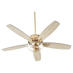 a ceiling fan with three blades and a glass ball on the blade, in an antique brass finish