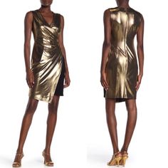 A Ruched Side And Asymmetrical Hem Elevate The Look Of This Stand-Out Gold Metallic Dress For A Chic New Go-To. Surplice Neck Sleeveless Hidden Back Zip Closure Metallic Woven Construction Shell: 97% Polyester, 3% Elastane Combo: 95% Polyester, 5% Spandex Lining: 100% Polyester Size 16 Tommy Hilfiger Fitted Party Dress, Gold Metallic Dress, Metallic Liquid, Evening Midi Dress, Metallic Gold Dress, Figure Flattering Dresses, Green Cocktail Dress, Navy And White Dress, W Logo