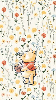 a winnie the pooh wallpaper with flowers on it