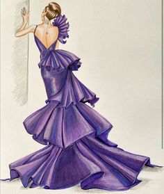 a drawing of a woman in a purple dress with her back turned to the camera