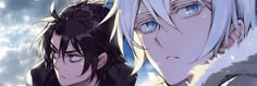 two anime characters one with white hair and the other blue eyes, staring at something