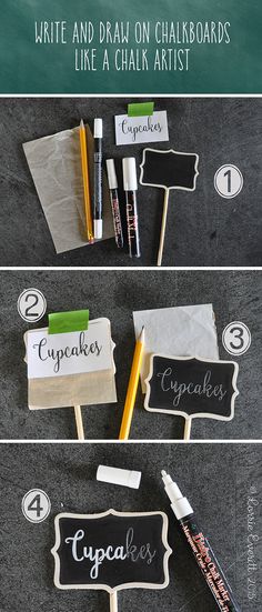 the instructions for how to make chalkboard name tags with markers and pencils on them