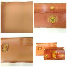 four different images of the inside of a leather case, including an elephant and lion