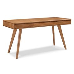 a wooden desk with two drawers on one side and an angled leg at the other end