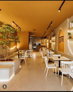 an empty restaurant with white chairs and plants on the counter top, in front of a yellow wall