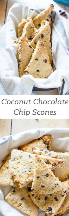 coconut chocolate chip scones in a white dish on a wooden table with text overlay