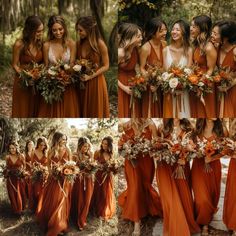 the bridesmaids are wearing orange dresses and holding their bouquets