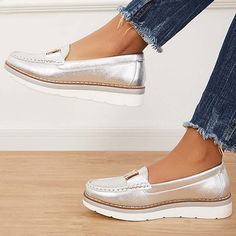 Style: Daily,CasualColor: Silver, GoldenType: FlatsHeight: PlatformSize Fit: True To Size Casual Leather Flats, Loafers Platform, Womens Low Heels, Flat Loafers, Fashion Shoes Sneakers, Orange Shoes, Sport Shoes Women, Casual Flat Shoes, Platform Slippers