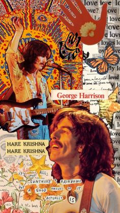 collage of george harrison playing guitar in front of flowers and butterflies with words written on it