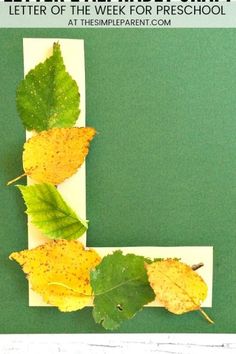 the letter l made out of leaves on a green surface with yellow and green leaves