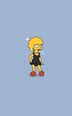 the simpsons character in black dress and red shoes standing against a blue background with stars