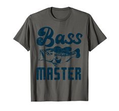 the bass master t - shirt is grey with blue lettering and an image of a fish