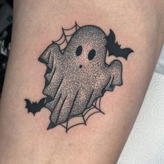 Ghost Cover Up Tattoo, Cute Spooky Ghost Tattoo, Glitter Ghost Tattoo, Spooky Cow Tattoo, Boo Bees Tattoo, Spooky Cute Tattoo, Ghost Tattoos Simple, Ghost Tattoos Cute, Haunted Tattoo