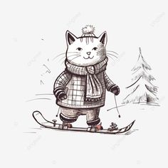 cute smiling cat in felt boots skiing with a christmas gift in black ink christmas coloring cute i Free Png