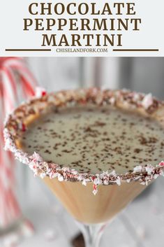 chocolate peppermint martini in a glass with candy canes