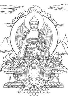 buddha sitting in the middle of a drawing with mountains and clouds behind it, on top of