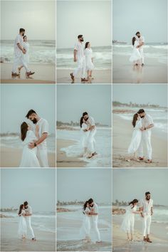 a couple is standing on the beach together