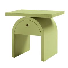 a small green table with an oval design on the top and one drawer at the bottom