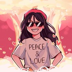 a drawing of a girl wearing sunglasses and a t - shirt that says peace & love