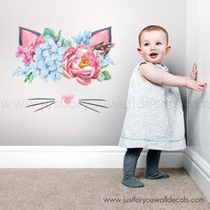 Looking for the ideal Cat Wall Decals to express yourself? This cute cat floral wall decal is perfect for any cat lover!   This kitten wall decal measures 26 inches wide and 21 inches high!   Looking for a different size? Send us a quick note and we can price it out for you! Please note: This watercolour floral wall decal is printed as is in the image and we cannot accommodate color changes --- Item Details Our Wall Decals can be used on almost any surface to simply and quickly pull the look of a room together. Our decal material is so thin that it looks like it has been painted on the wall - but without all of the work! All wall decals are cut from high-quality vinyl that has a matte finish which repels any unwanted reflections. The temporary adhesive of the decals lets you remove them ea Flower Wall Decal, Kitten Face, Wall Decal Nursery, Floral Wall Decals, Animal Wall Decals, Face Wall, Flower Wall Decals, Floral Decal, Floral Cat