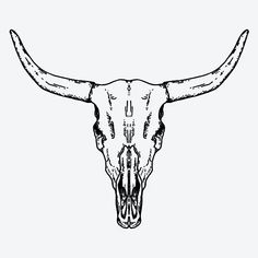 a bull's skull with long horns is shown in this black and white drawing