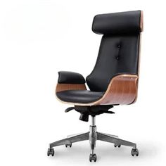 an office chair with black leather and wood