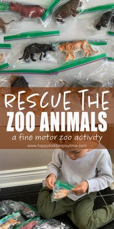 a young boy sitting on the floor playing with plastic animals in front of him and text overlay reads rescue the zoo animals