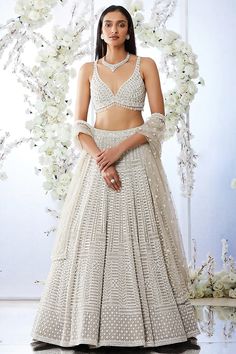 Grey Embroidered Lehenga Set Design by Seema Gujral at Pernia's Pop Up Shop 2022 Crystal Lehenga, Pearl Lehenga, Sangeet Outfit, Desi Outfits, Red Lehenga