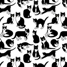 black and white cat silhouettes are shown in this seamless pattern, which includes several different types of cats