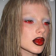 Vampire With Braces, Everyday Vampire Makeup, Alternative Christmas Makeup, Crying Blood Makeup, Red Vampire Makeup, Red Contacts Makeup, Blood Eye Makeup, Red Alt Makeup, Vampy Makeup Looks