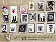 a bunch of framed pictures on a wall with the words get creative and printables