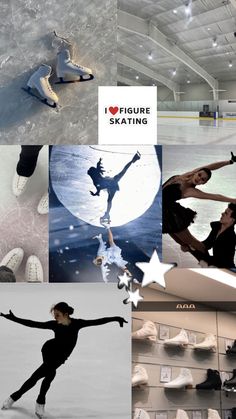 the collage shows several different images of people skating on ice rinks, with one woman in black and white