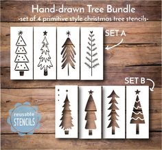 WallCutz  Primitive Hand-Drawn Christmas Tree / 4pk Stencil Bundle Stencil Tree Stencils, Drawn Christmas Tree, Barn Crafts, Christmas Tree Drawing, Hand Drawn Christmas, Prim Christmas