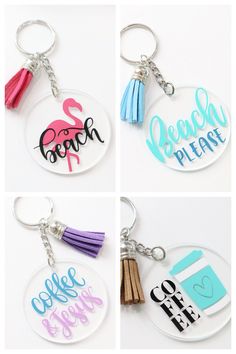 four different key chains with the words beach please and one has a tassell on it