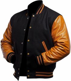 Varsity Letterman Baseball Vintage Bomber Black Wool Genuine Brown Leather Sleeves Jacket XS ~5XL College jacket                                                                                                          Wool Color     :   Black                                                      Genuine Leather Sleeves Color     :     Brown                                                                                                       Material     :     Wool Blend & Genuine Leather                                                                            Sizes       :     XS-5XL                                                         (All Sizes are Available)  If your required Size & Color Combination is not listed then please contact with us We will respond you as soon as possible t Varsity Letterman Jackets, College Jackets, Varsity Jackets, Leather Sleeves, Men's Leather Jacket, Letterman Jacket, Sheep Leather, Sleeves Top, Leather Sleeve