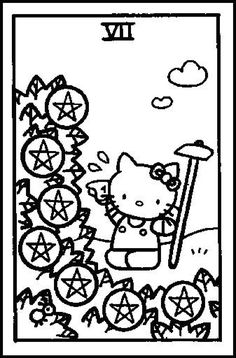 the hello kitty tarot card is in black and white, with stars on it