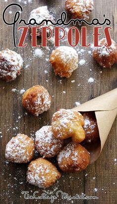 the cover of grandma's zeppolies, with powdered sugar on top