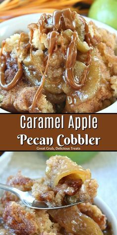 caramel apple pecan cobbler recipe on a white plate with text overlay