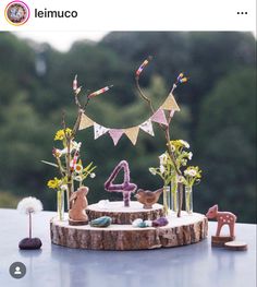 the table is decorated with flowers, rocks and buntings for an outdoor birthday party