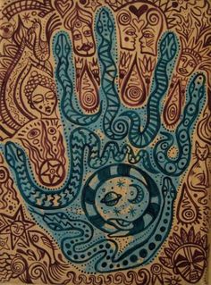 a drawing of a hand with many designs on it