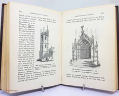 an open book with drawings on the pages and in it's center is a drawing of a church