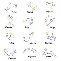 zodiac signs and their names are drawn in colored pencils on white paper with stars