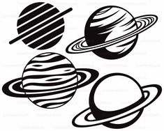 three planets in black and white on a white background