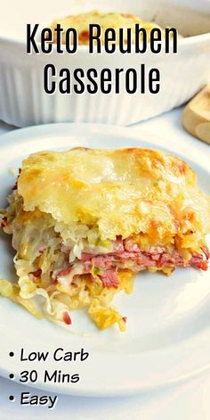 the ketoreuben casserole is cut in half on a white plate