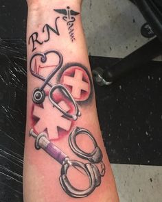 a person with a tattoo on their arm has a stethoscope and medical symbols